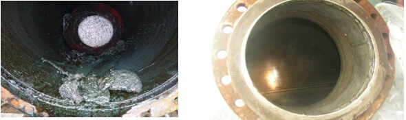 清洗前后對比圖(清洗后的管道光潔如新) 清洗前后對比圖(清洗后的管道光潔如新)